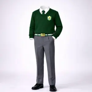 boys green v-neck sweater uniform with crest - full outfit front view