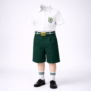Junior boys DPS-style summer uniform — white half-sleeve monogram shirt with bottle-green shorts, green-striped belt, white socks and black shoes.