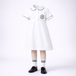 Junior girls DPS-style summer uniform — white tunic with green piping collar, monogram pocket and white socks with green stripes.