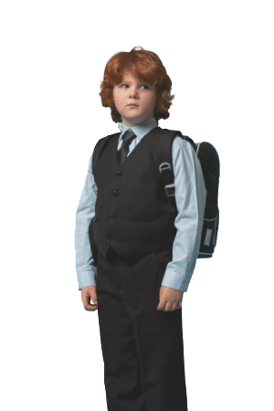 Primary school boy in customised school uniform set with tie and vest