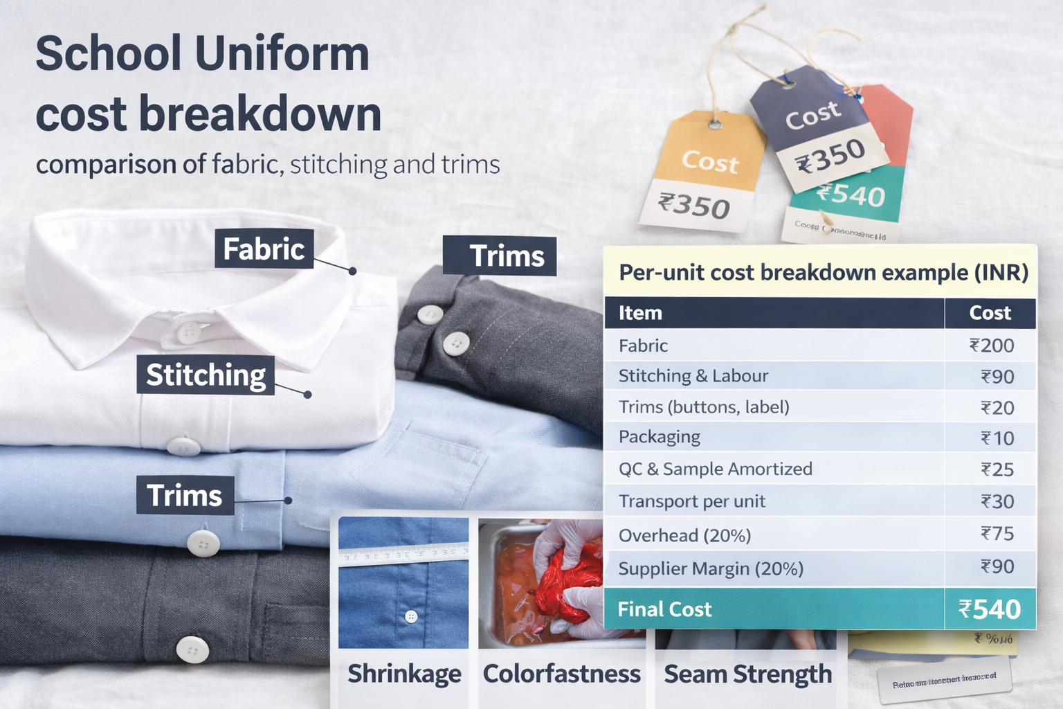 school uniform cost breakdown — comparison of fabric, stitching and trims