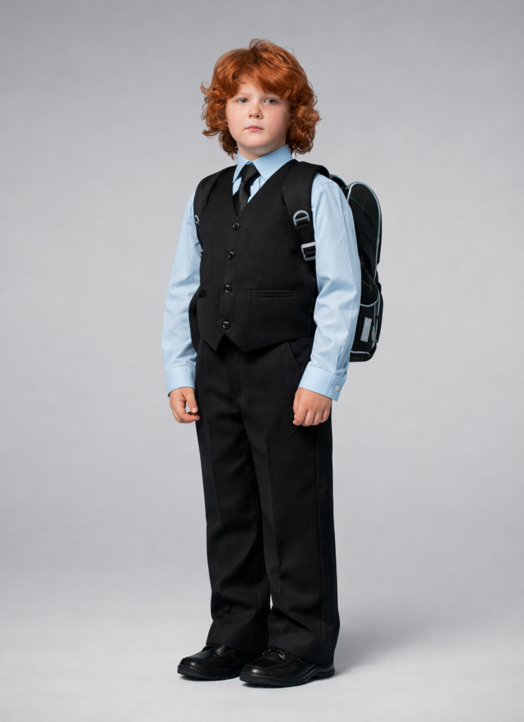 Primary school boy wearing formal customised school uniform with vest and backpack – bulk school uniform supplier Essay Sports