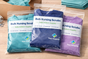 bulk nursing scrubs India packaging mockup — nurse uniform supplier bulk