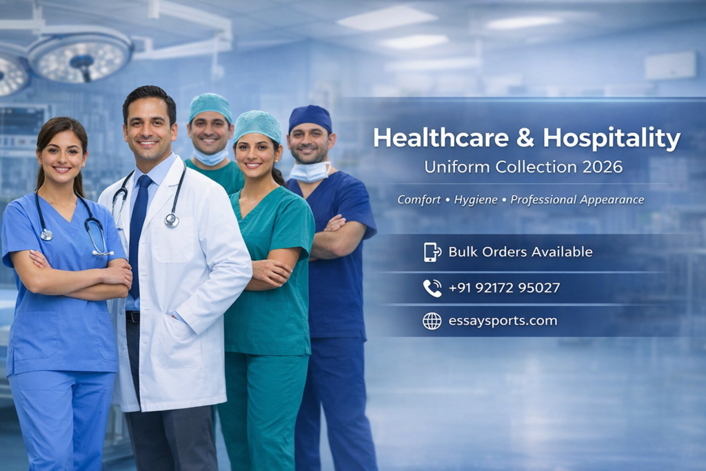 Healthcare staff wearing professional hospital uniforms including doctor coat and medical scrubs in clinical environment