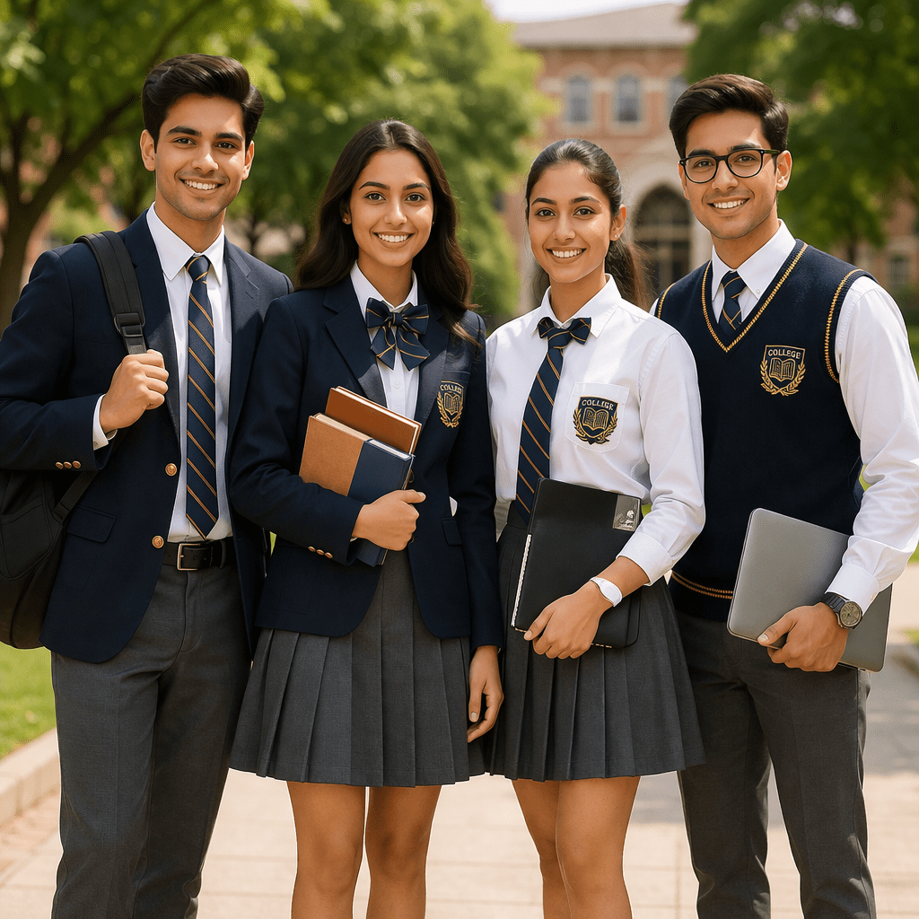 Group of four students wearing navy college uniform sets (blazers, shirts, striped ties, grey skirts/trousers) holding books and a laptop in a sunlit college courtyard — shows fabric, fit, and crest detail