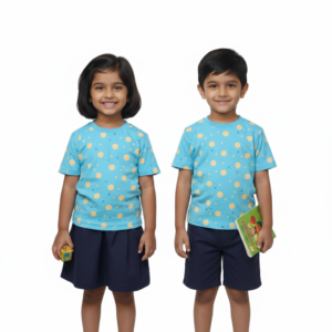 Dhirubhai Ambani kindergarten uniform — sky blue polka dot shirt with navy skirt & short.