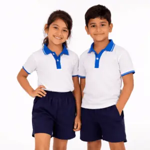 Dhirubhai Ambani School Uniform PE kit — white polo with blue collar and navy shorts