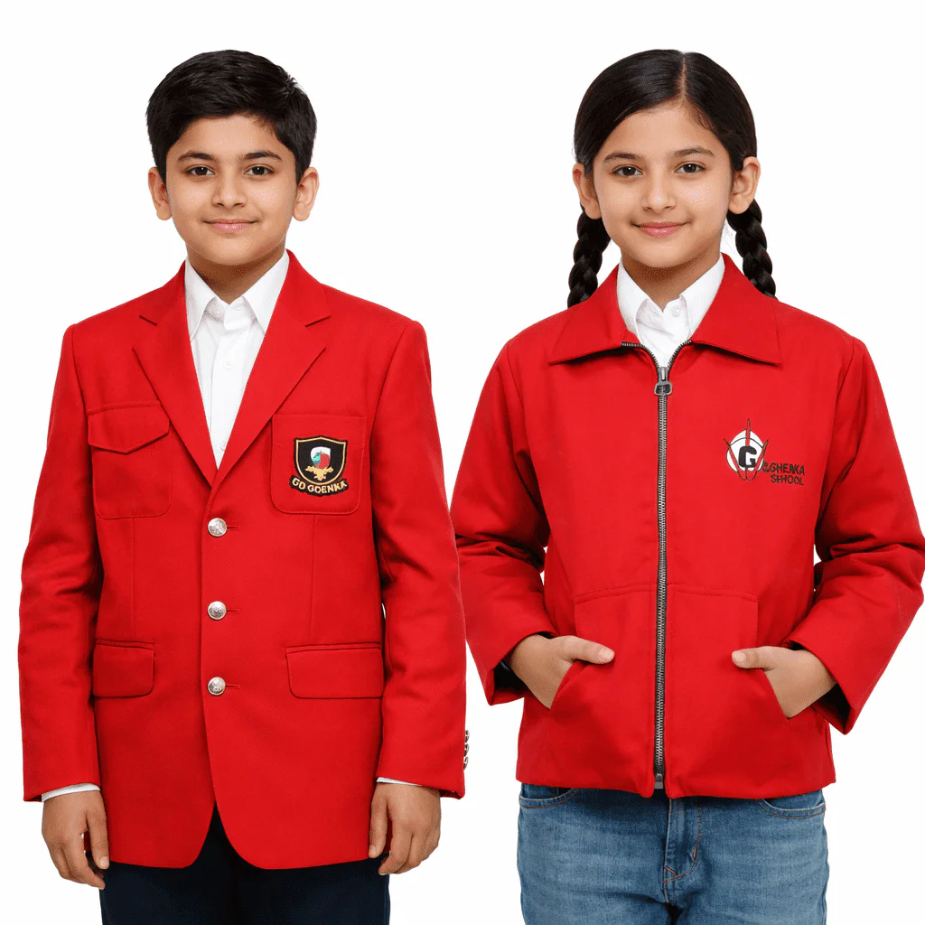 GD Goenka winter school uniform red blazer and red jacket for boys and girls on white background