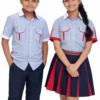 Gd Goenka School uniform — blue-white striped short sleeve shirt with white collar and red piping,