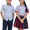 Gd Goenka School uniform — blue-white striped short sleeve shirt with white collar and red piping,