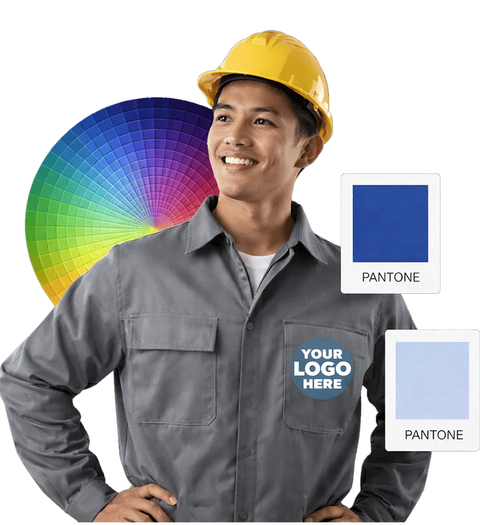 Industrial worker uniform with custom logo and Pantone color options for branded staff uniforms