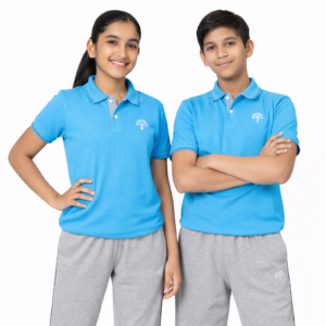 Podar PE kit — aqua polo shirt with grey trackpants and school crest