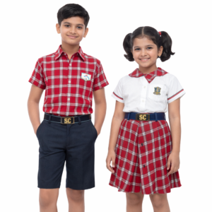 Red check school uniform nursery dress — red checked dress for girls