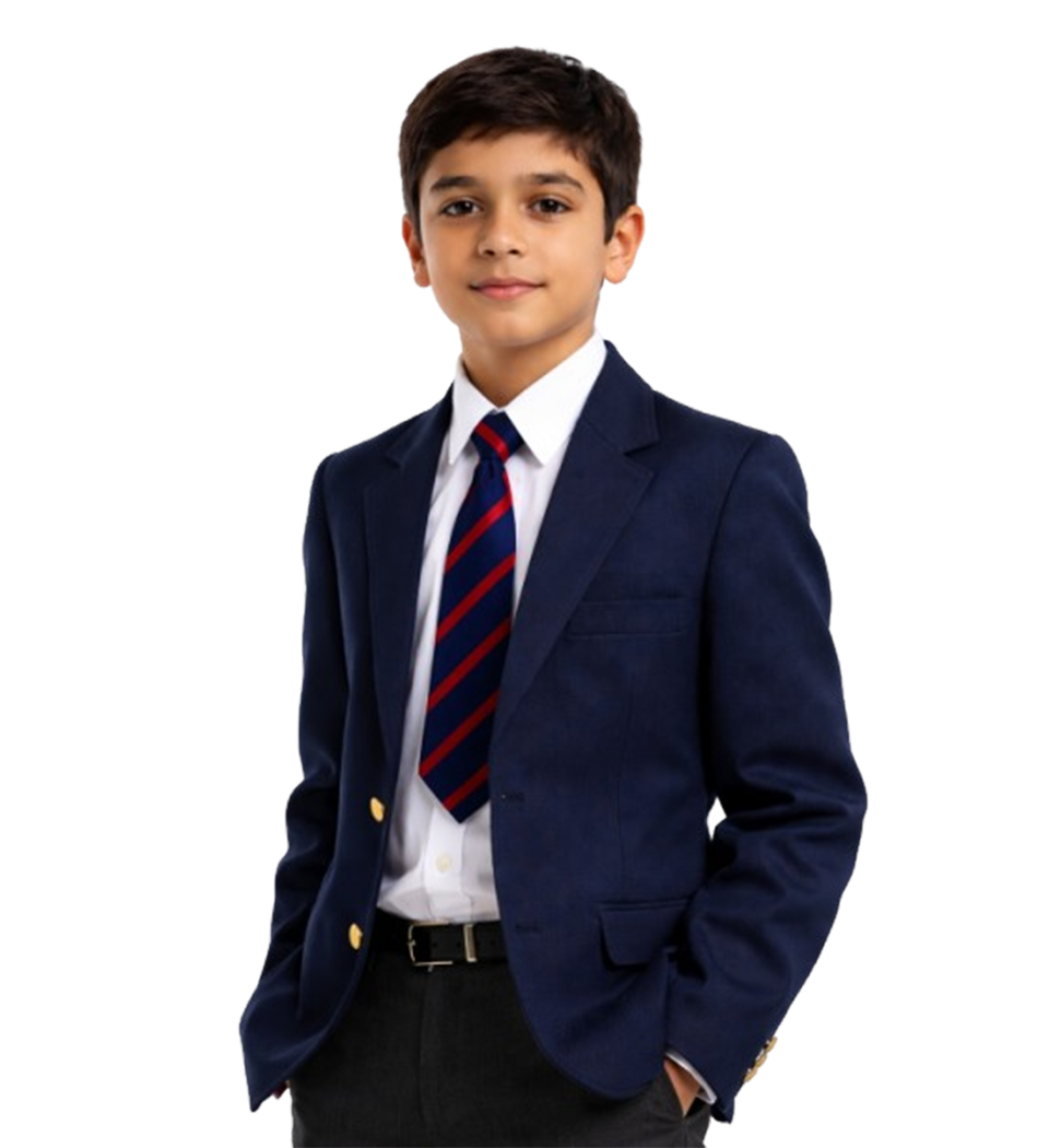 Indian school boy wearing navy blazer school uniform with tie – premium school uniforms manufacturer Delhi NCR