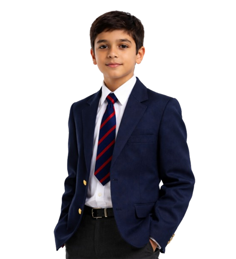 Indian school boy wearing navy blazer school uniform with tie – premium school uniforms manufacturer Delhi NCR