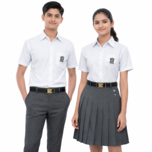 Sri Chaitanya School uniform white shirt and grey trousers — classroom uniform