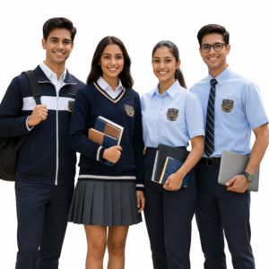 Group of four students wearing modern college uniform including navy sweater, light blue shirt, tie and formal trousers on clean white background showcasing bulk uniform design