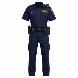 Navy blue security uniform set featuring short sleeve shirt, cargo pants, utility belt and patches for security guards on white background