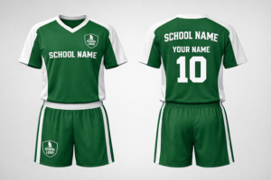 mockup showing front and back of a sports uniform for school with logo placement