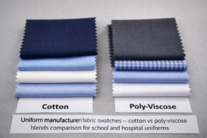 Uniform manufacturer fabric swatches — cotton vs poly-viscose blends comparison for school and hospital uniforms