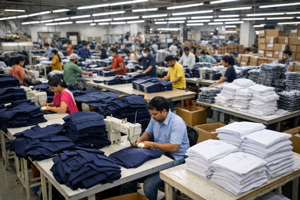 Uniform manufacturer bulk production line — school and corporate uniforms being stitched and packed