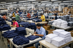 Uniform manufacturer bulk production line — school and corporate uniforms being stitched and packed