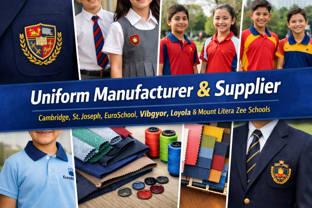 Uniform manufacturer and supplier for Cambridge, St Joseph, EuroSchool, Vibgyor, Loyola and Mount Litera Zee schools showing different school uniform styles and fabric samples