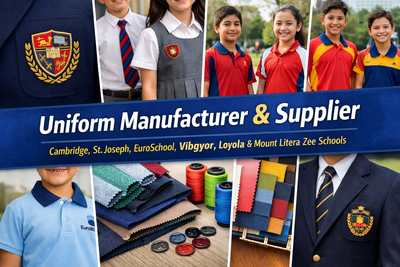 Uniform manufacturer and supplier for Cambridge, St Joseph, EuroSchool, Vibgyor, Loyola and Mount Litera Zee schools showing different school uniform styles and fabric samples
