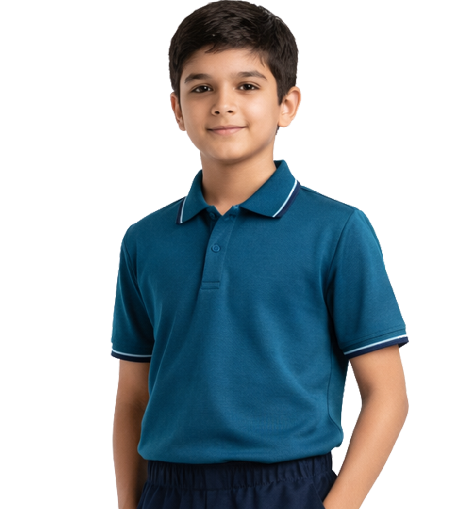 Indian school boy wearing teal blue polo t-shirt and navy sports uniform full body studio image clean background premium school sportswear India