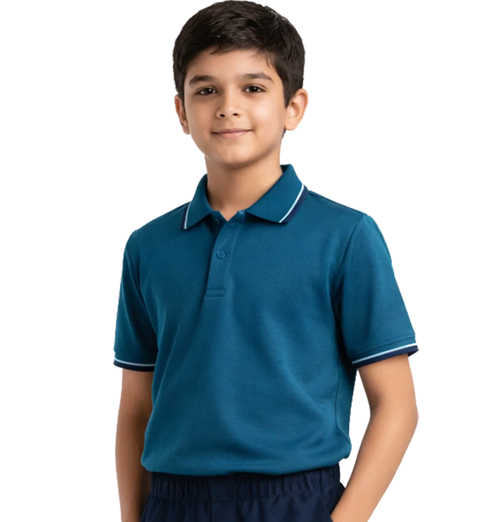 Indian school boy wearing teal blue polo t-shirt and navy sports uniform full body studio image clean background premium school sportswear India