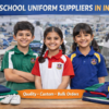 Best school uniform suppliers in India showing young students in sports polo uniforms inside a school uniform manufacturing unit with bulk uniforms displayed.