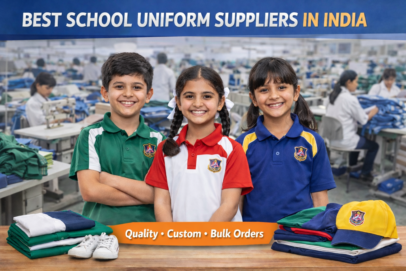 Best school uniform suppliers in India showing young students in sports polo uniforms inside a school uniform manufacturing unit with bulk uniforms displayed.