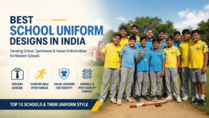 GD Goenka school students in yellow and blue sports uniforms posing on a cricket ground for a best school uniform designs in India blog banner