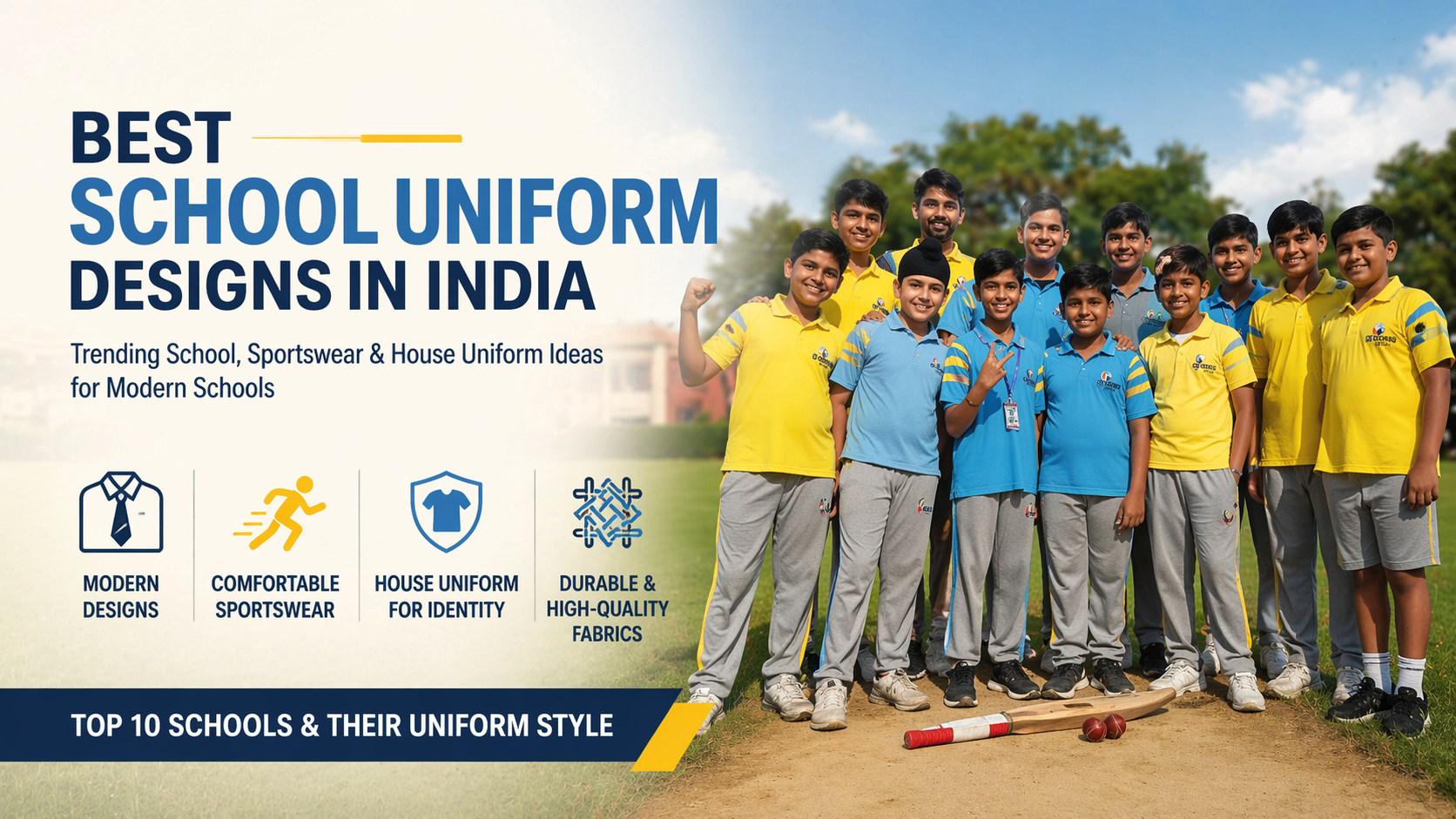 GD Goenka school students in yellow and blue sports uniforms posing on a cricket ground for a best school uniform designs in India blog banner