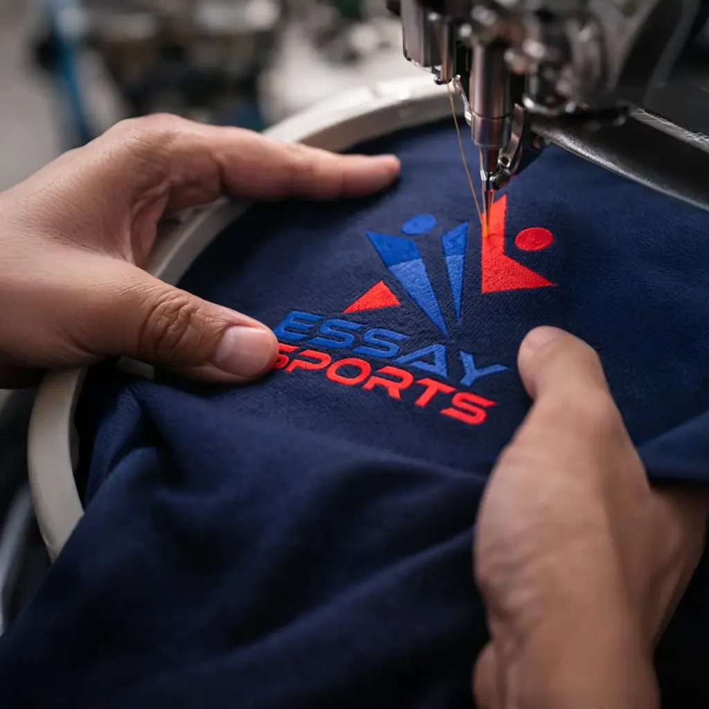 Folded navy polo uniform with Essay Sports logo for custom branding and apparel manufacturing