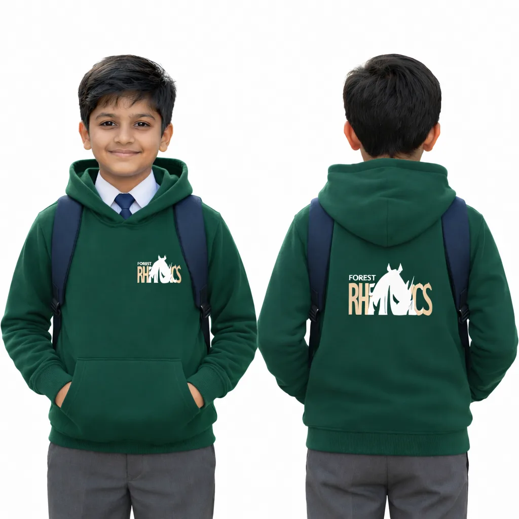 MRIS clan hoodie green Forest Rhinos uniform for students by Manav Rachna school winter wear