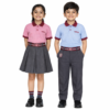 MRIS regular school uniform set for boys and girls with pink polo shirt, maroon collar, grey skirt for girls, grey trousers for boys, and school crest branding