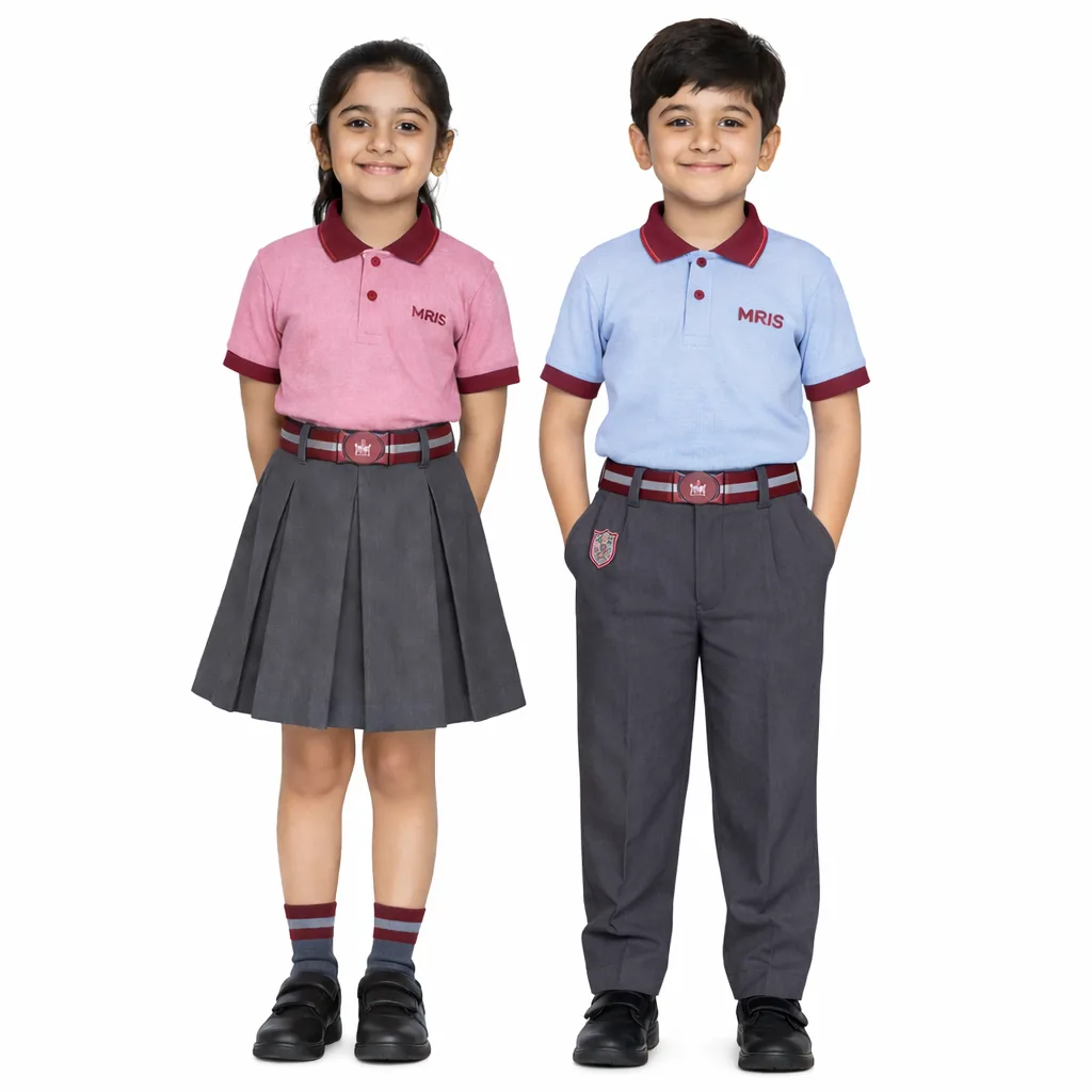 MRIS regular school uniform set for boys and girls with pink polo shirt, maroon collar, grey skirt for girls, grey trousers for boys, and school crest branding