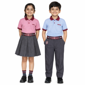MRIS regular school uniform set for boys and girls with pink polo shirt, maroon collar, grey skirt for girls, grey trousers for boys, and school crest branding