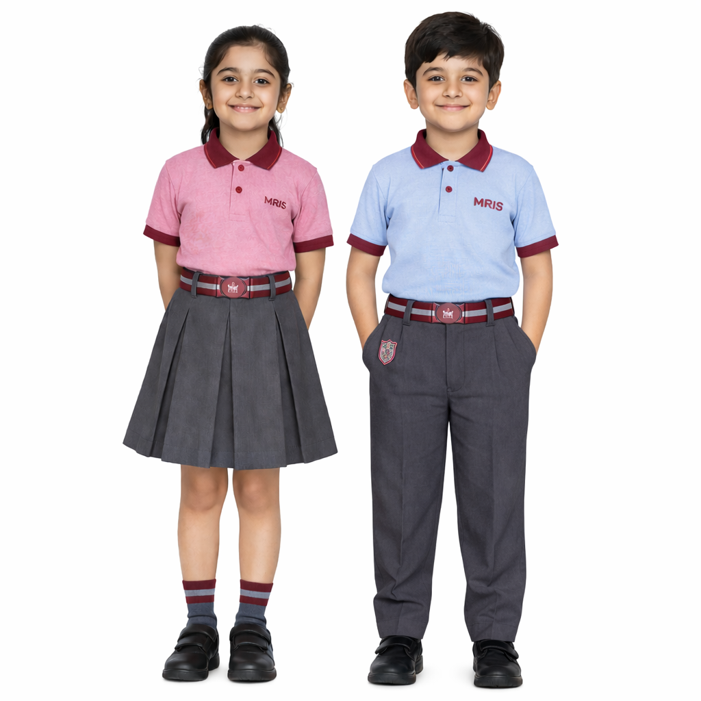 mris-regular-school-uniform-set-boys-girls-grey-bottoms MRIS regular school uniform set for boys and girls with pink polo shirt, maroon collar, grey skirt for girls, grey trousers for boys, and school crest branding