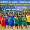 School children wearing colorful house sports uniforms during annual sports day at a school field