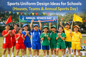 School children wearing colorful house sports uniforms during annual sports day at a school field