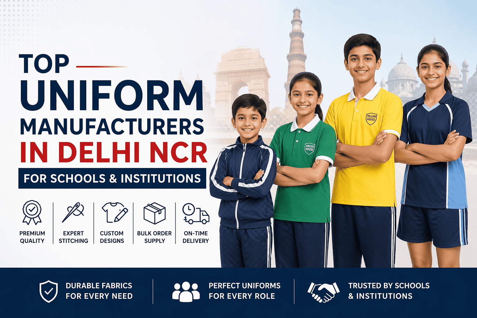 Indian school students wearing tracksuits, house t-shirts and sports uniforms for schools in Delhi NCR by uniform manufacturer Essay Sports