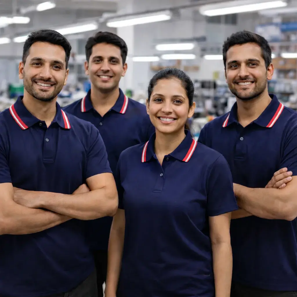Professional uniform manufacturing team in factory wearing branded work uniforms showing quality and teamwork