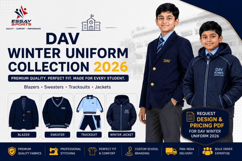 "DAV Winter Uniform Collection 2026 featuring school blazer, sweater, tracksuit and winter jacket with design PDF and quotation by Essay Sports."