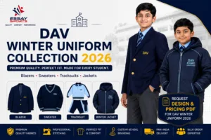 "DAV Winter Uniform Collection 2026 featuring school blazer, sweater, tracksuit and winter jacket with design PDF and quotation by Essay Sports."