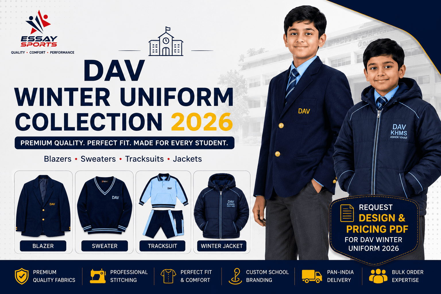 "DAV Winter Uniform Collection 2026 featuring school blazer, sweater, tracksuit and winter jacket with design PDF and quotation by Essay Sports."