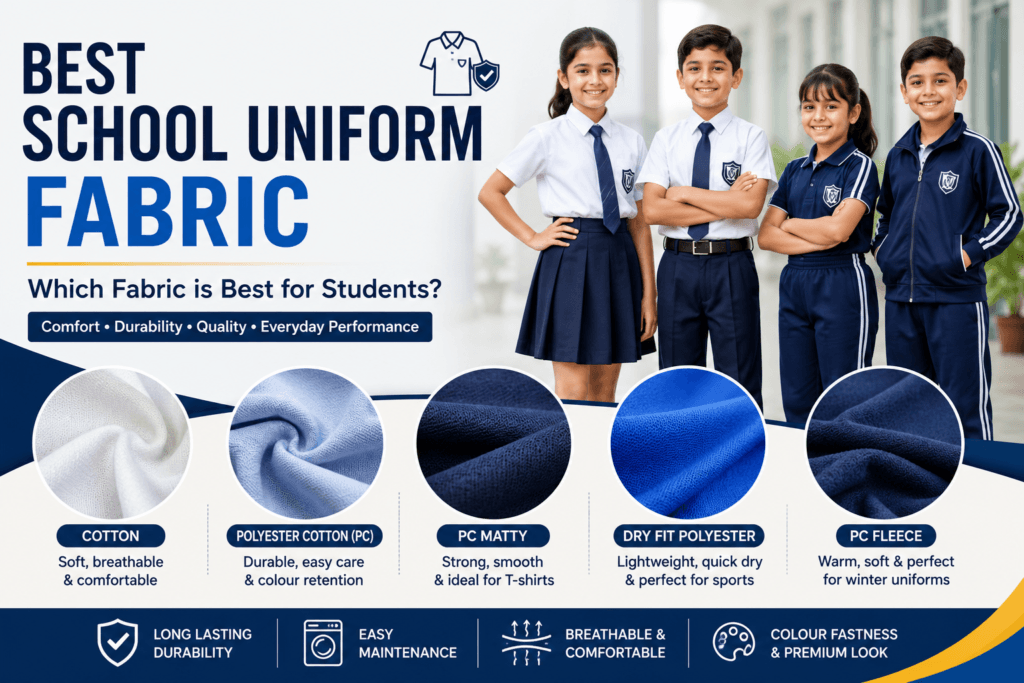 Best school uniform fabric comparison showing cotton, polyester cotton, PC Matty, dry fit polyester, and fleece fabrics for students