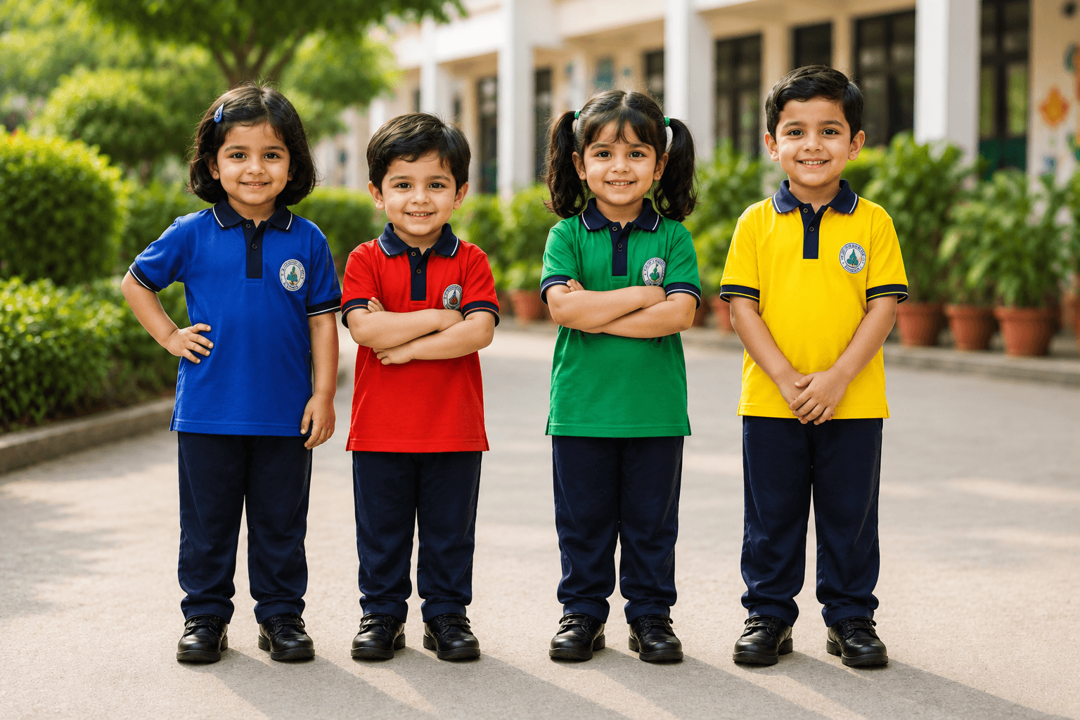 Custom nursery school uniform design with blue, green, red and yellow polo T-shirts and navy track pants(KV Uniform)