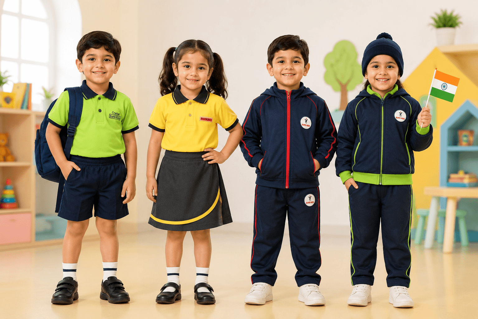 Kindergarten school uniform featuring EuroKids uniform style, Kidzee uniform style, school polo T-shirts, shorts, skirts and winter tracksuits for kids